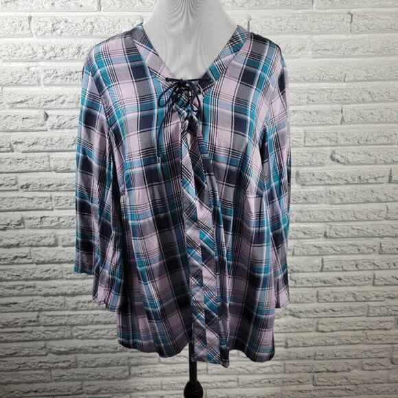 Cato Tops - Cato Est 1946 Women Top 18W 20W Lace Up 3/4 Sleeve Blue Plaid PLA56E